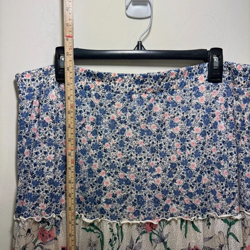 Boho Floral Mixed Print Tiered Maxi Skirt Cottagecore Ruffle Patchwork Long L